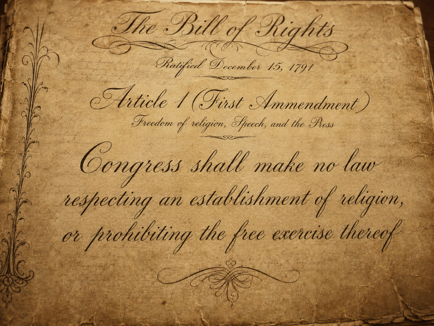 Bill of Rights image highlighting the First Amendment establishment and free exercise clauses.