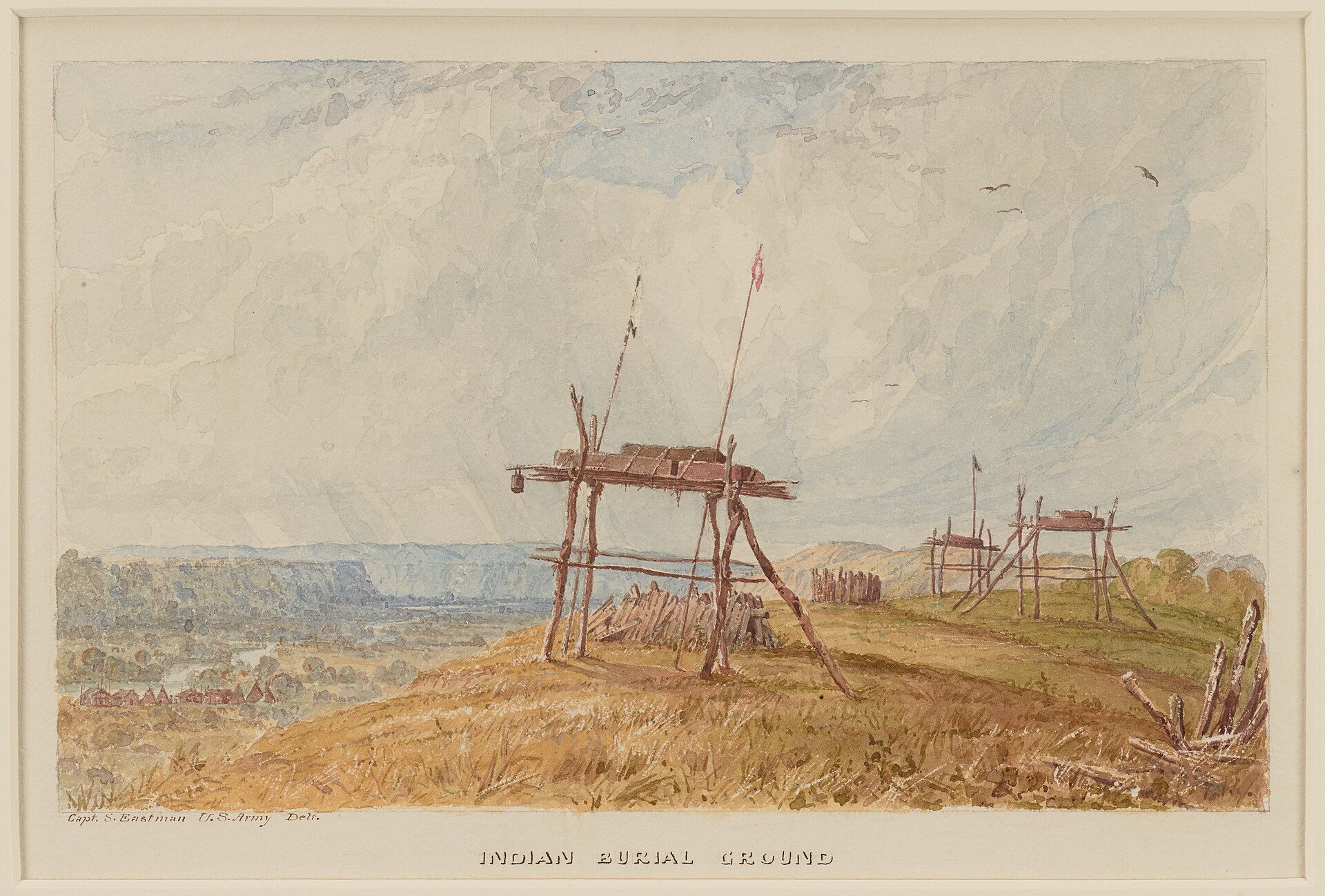 Seth Eastman watercolor titled Indian Burial Ground showing elevated burial structures in a historical Dakota graveyard.