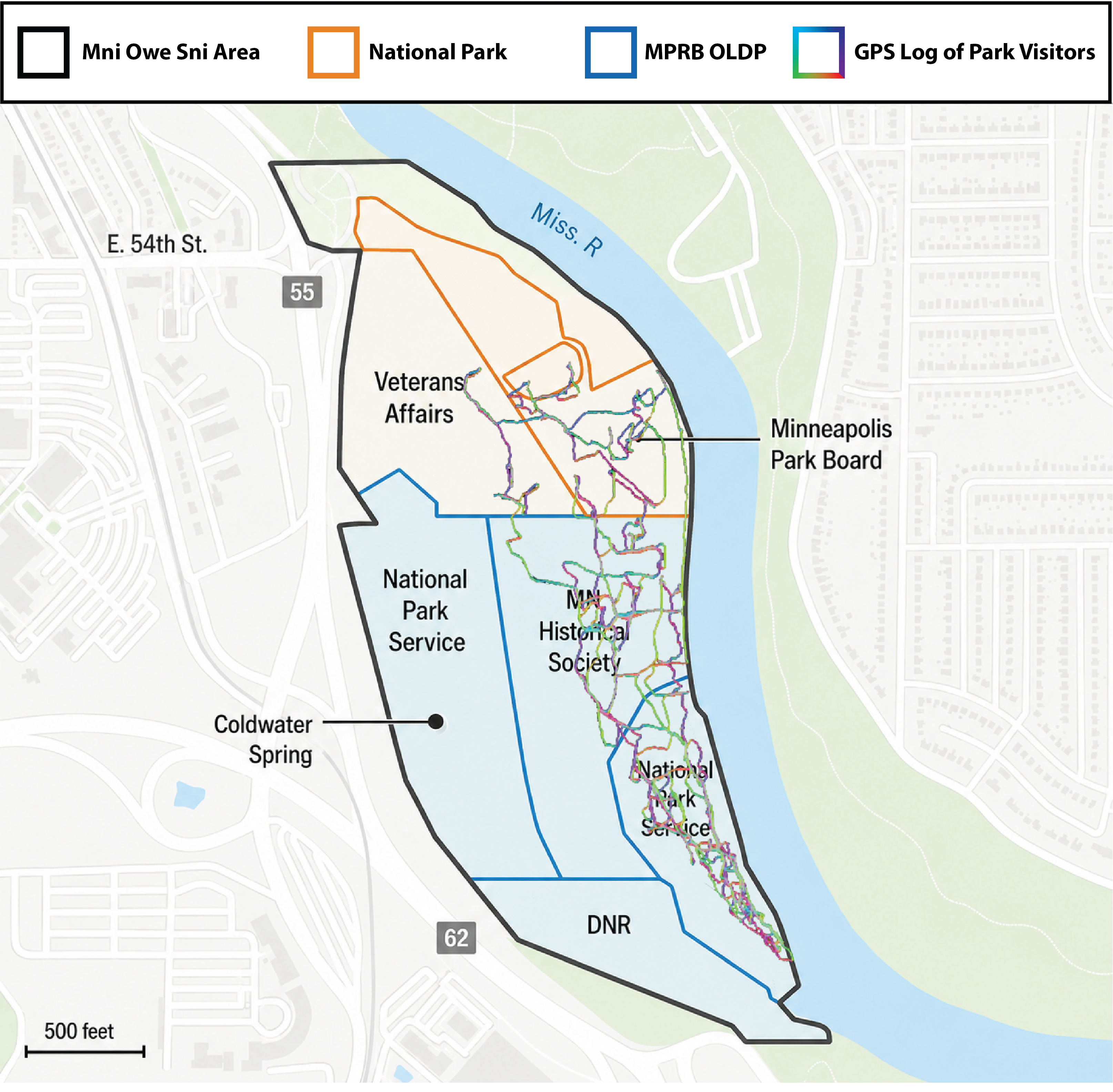 Jurisdiction, Mni Owe Sni area, MPRB boundary, and visitor GPS logs near the dog park